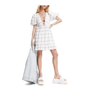 Topshop Embroidered Flowers Textured Stripe Cotton Minidress US 10